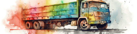 Long cargo truck, watecolor banner illustration isolated on white, AI generative imageの素材