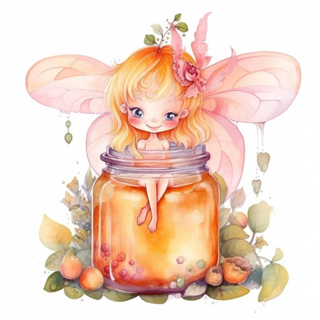 A cute winged fairy and jar of sweet sunny peach jam, fantasy watercolor style illustration, AI generative imageの素材