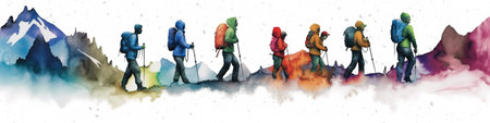 Colorful hiking team with backpacks in nature, representing teamwork and success, isolated on a white background. AI generative.の素材