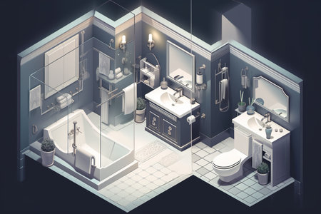 Isometric view to well designed bathroom showcase, AI generative imageの素材