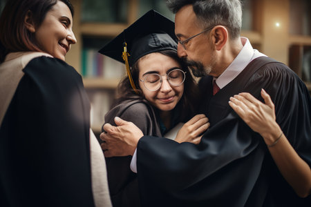 Achievement and togetherness: smiling adults celebrate graduation and success in education. AI generative.の写真素材