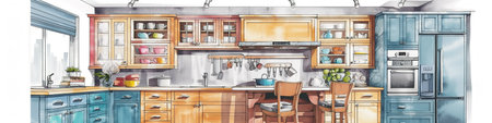A drawing of a kitchen with blue cabinets. AI generative imageの素材