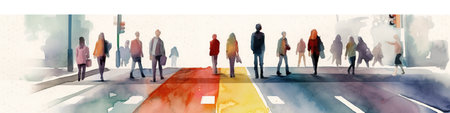 A group of people walking across a cross walk. AI generative imageの素材