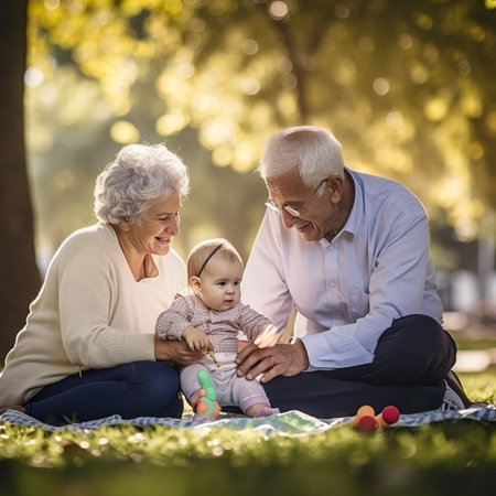 A senior man and woman are sitting on the grass with a baby. AI generative imageの素材