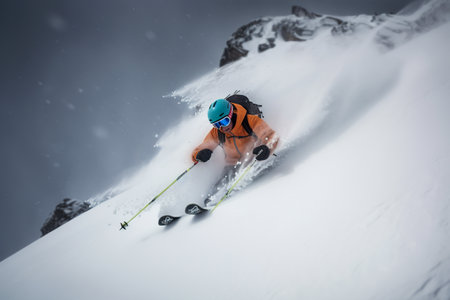 A man riding skis down a snow covered slope. AI generative imageの素材