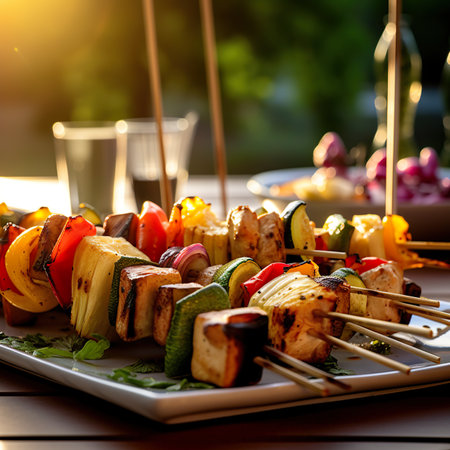 A white plate topped with skewers of food. AI generative imageの素材