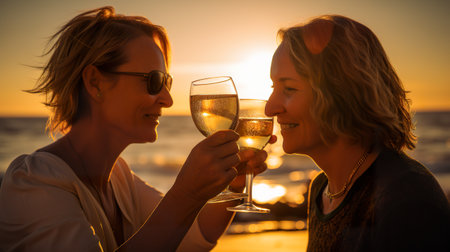 A couple of women standing next to each other holding wine glasses. AI generative imageの素材