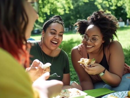 A group of women sitting around a table eating food. AI generative imageの素材