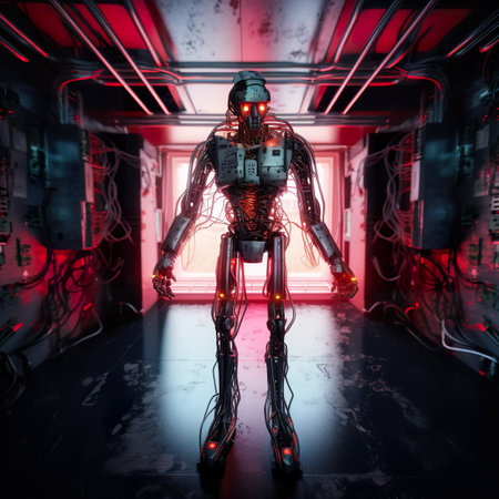 A robot standing in a room with red lights. AI generative imageの素材
