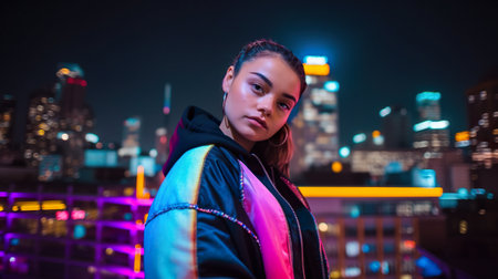 A woman standing in front of a city skyline at night. AI generative imageの素材
