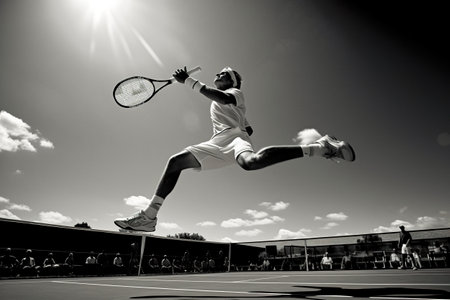 A tennis player jumping in the air with a racket. AI generative imageの素材