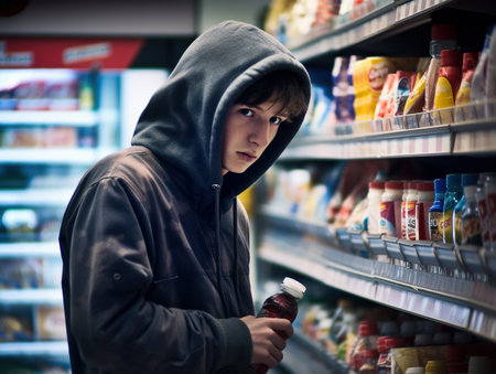 A man in a hooded jacket is looking at a bottle. AI generative imageの素材