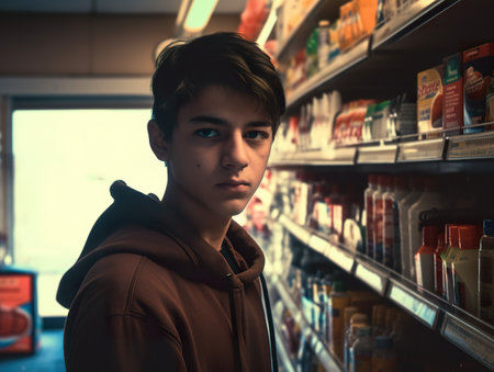 A young man standing in front of a shelf of food. AI generative imageの素材
