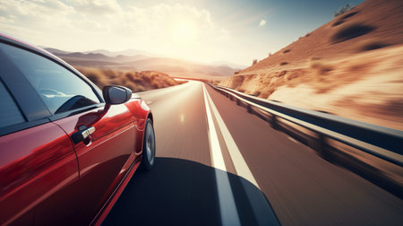 A blue car driving down a highway next to a hill. AI generative imageの素材