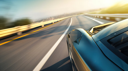 A blue car driving down a highway next to a field. AI generative imageの素材