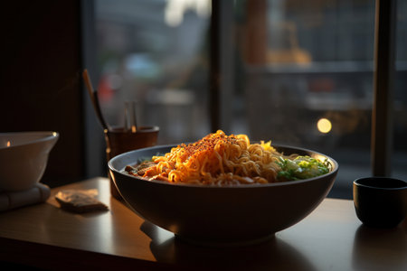 A bowl of noodles sits on a table. AI generative imageの素材