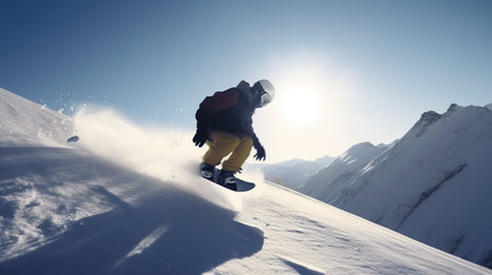 A man riding a snowboard down the side of a snow covered slope. AI generative imageの素材