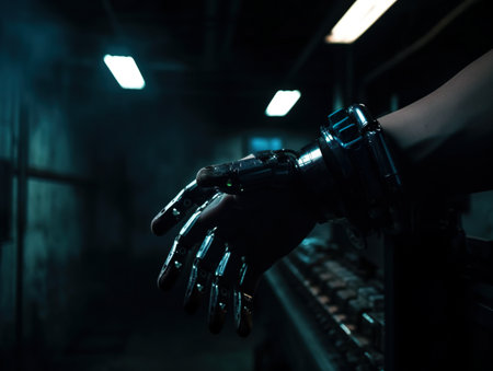 Steel prostetic arm, dark room, low key. AI generative imageの素材