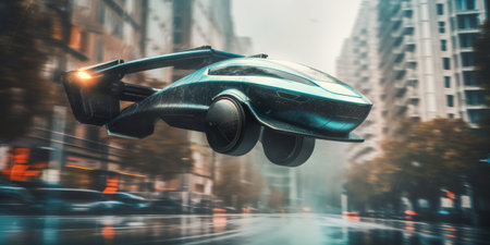 A futuristic car flying through the air over a city. AI generative imageの素材