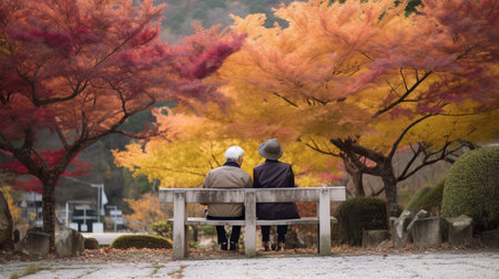 Two old people sitting on a bench in front of a tree. AI generative imageの素材