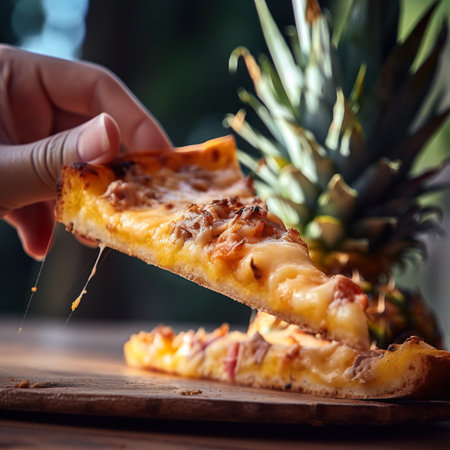 A person taking a slice of pizza from a pineapple. AI generative imageの素材