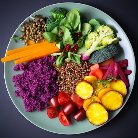 A white plate topped with different types of vegetables. AI generative imageの素材
