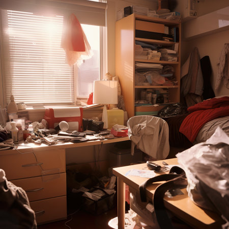A messy room with a desk and a window. AI generative imageの素材