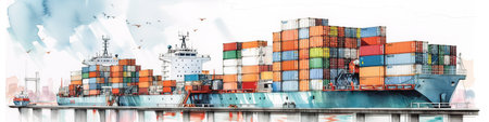 A painting of a cargo ship with containers on it. AI generative imageの素材
