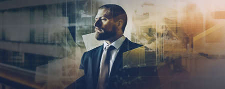 A man in a suit and tie standing in front of a building. AI generative imageの素材