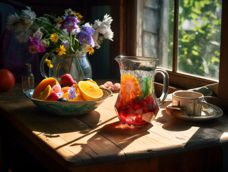 A bowl of fruit and a pitcher of water on a table. AI generative imageの素材