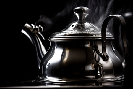 A silver tea pot with steam coming out of it. AI generative imageの素材