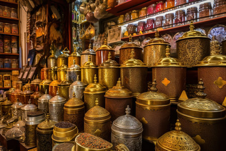 An oriental store filled with lots of different types of jars with nuts, seets and seeds. AI generative imageの素材