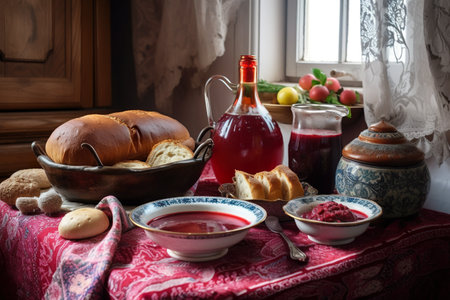 A table topped with bowls of soup and bread. AI generative image . Ukrainian winter still life.の素材