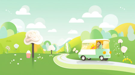 A small bus driving down a road next to a lush green field. AI generative imageの素材