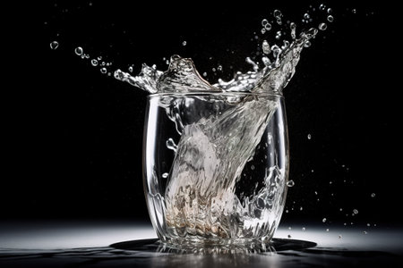 A glass filled with water on top of a table. AI generative imageの素材