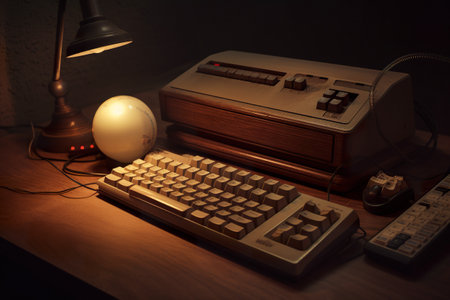 A very vintage computer keyboard sitting on top of a wooden desk. AI generative imageの素材