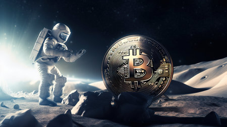 An astronaut standing on the moon with a bitcoin in his hand. AI generative imageの素材