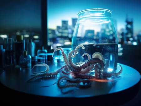 An octopus in a glass jar on a table. AI generative imageの素材