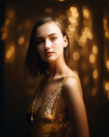 A woman in a gold dress with lights in the background. AI generative imageの素材