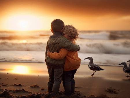 A couple of children that are standing in the sand. AI generative imageの素材