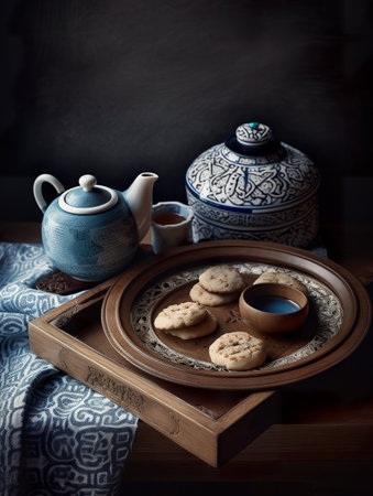 A plate of cookies and a teapot on a table. AI generative image . Korean still life.の素材