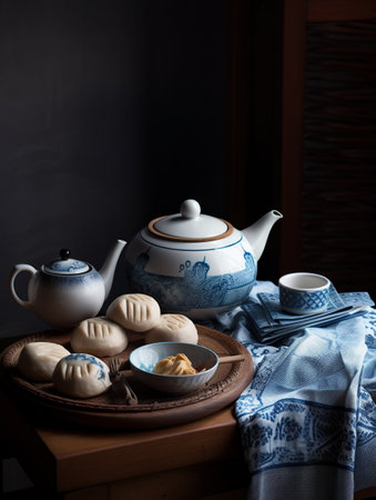 A table with a tea pot, bowl, and plate of food on it. AI generative image . Korean still life.の素材