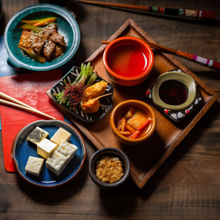 A wooden tray topped with plates of food. AI generative image . Korean still life.の素材