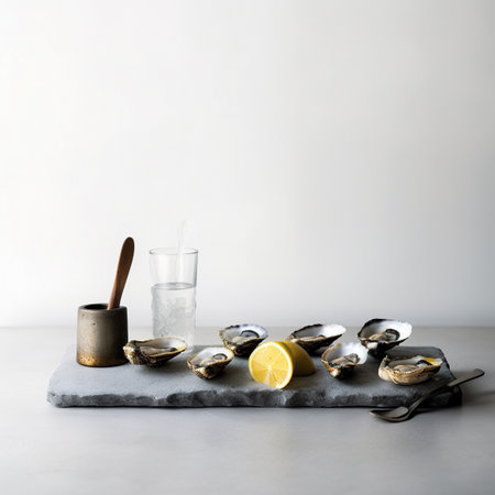 A tray of oysters and a glass of water. AI generative imageの素材
