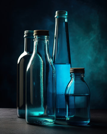 A group of glass bottles sitting on top of a table. AI generative imageの素材