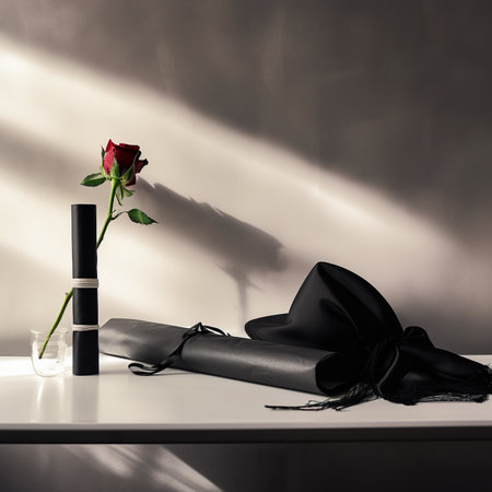 A single red rose in a vase next to a black scarf. AI generative imageの素材