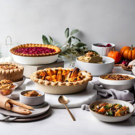 A table topped with lots of pies and pie dishes. AI generative imageの素材