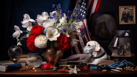 A dog sitting next to a vase of flowers. AI generative imageの素材