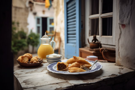 A plate of croissants and a glass of orange juice. AI generative image . Greek desserts.の素材