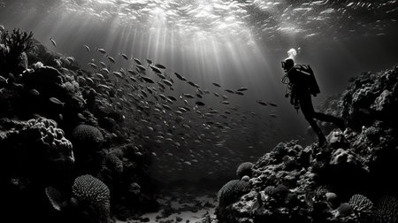 A scuba diver in a black and white photo. AI generative imageの素材
